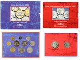 four different types of coins are displayed on a red and blue background