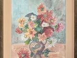 a painting of flowers in a vase with a bird on it