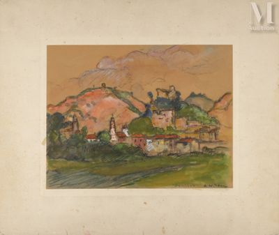 une image représentant un tableau d'un village avec un château en arrière-plan