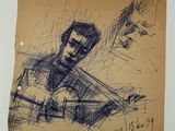 an old drawing of a man playing a guitar on a piece of paper