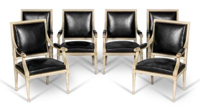 lot de six fauteuils en cuir noir de style Louis XVI