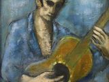 un tableau représentant un homme tenant une guitare entre ses mains