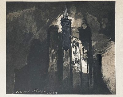 un dessin en noir et blanc représentant un bâtiment avec une tour horloge