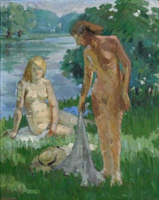 une peinture à l'huile représentant deux femmes assises dans l'herbe au bord d'une rivière