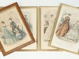 three framed pictures of women in dresses and a man in a hat