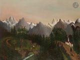 un tableau représentant un paysage de montagne avec un pont enjambant un ruisseau