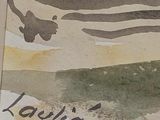 a picture of a painting of a bird flying over the water