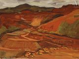 une image représentant un tableau d'un chemin de terre dans une région montagneuse