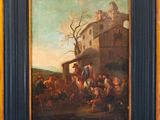an oil painting of a group of people outside a building