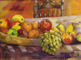a painting of a basket of fruit on a table