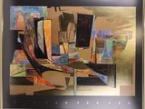 painting of a painting of a chair and a window with a sky in the background