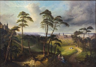 painting of a landscape with a castle in the distance and people sitting on the ground