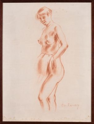 an image of a drawing of a nude woman in a brown frame