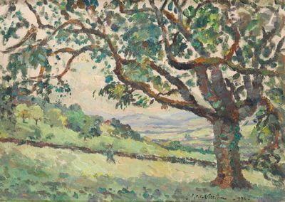 an image of a painting of a large tree in a field