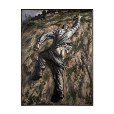 a painting of a man holding a baseball glove on a field
