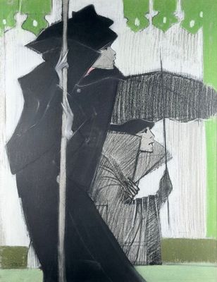 un dessin représentant un homme et une femme tenant des parapluies