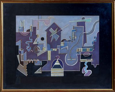 tableau représentant une ville avec des bâtiments et une horloge