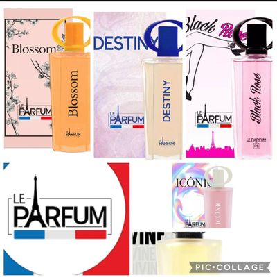 Plusieurs parfums différents sont présentés dans un collage aux couleurs variées