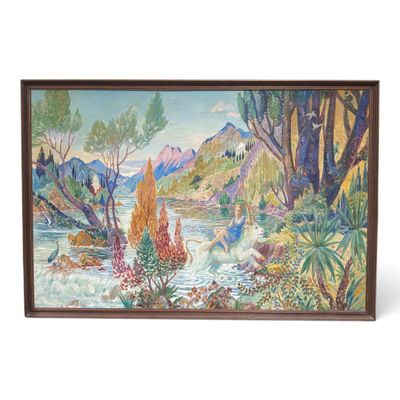painting of two swans in a river with mountains in the background
