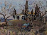 une peinture à l'huile représentant une scène de vie à la ferme avec un cheval tirant une charrette