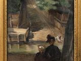 une image représentant un tableau où l'on voit une femme assise sur un banc dans un parc
