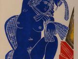 painting of a woman sitting on a chair with a knife in her hand