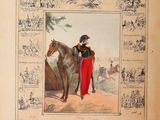an old book with a picture of a man on a horse
