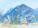 tableau représentant une montagne avec des arbres au premier plan et un ciel bleu en arrière-plan