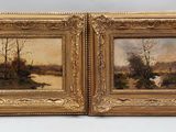 paire de peintures à l'huile du XIXe siècle représentant une scène fluviale
