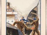 an image of a painting of two men shaking hands in front of a boat