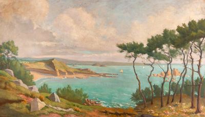 a painting of a view of a bay with a boat in the water