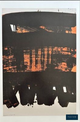une image représentant une peinture abstraite noire et orange sur fond blanc