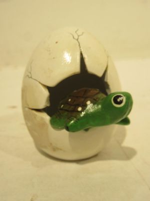 a small toy turtle sitting inside of an egg shell