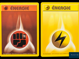 two cards with a picture of a fist and an energy symbol
