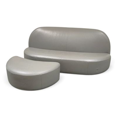 a grey couch and ottoman sitting on a white surface