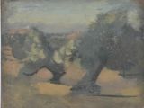 an oil painting of two horses running in a field