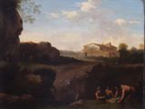 une peinture représentant un groupe de personnes dans un champ