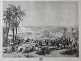an old picture of a military battle with men on horseback