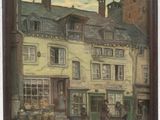 une image représentant une peinture d'une scène de rue avec des personnages et des bâtiments