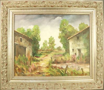 une peinture à l'huile représentant une route de campagne avec une grange et des arbres en arrière-plan