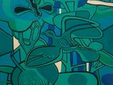 peinture abstraite représentant un homme coiffé d'un chapeau vert sur fond bleu