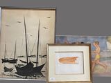 three framed pictures of boats and people on a beach