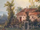 a painting of a farm scene with a couple of horses
