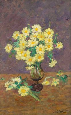 a painting of a vase filled with yellow flowers on top of a table
