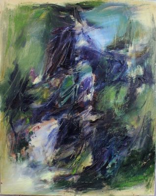 an abstract painting of a horse running through a field