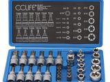 a set of socket sockets in a blue case on a white background