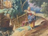 an oil painting of a woman sitting on a rock by a river