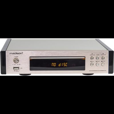 an image of a silver cd player with a clock on it