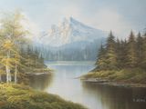 a painting of a mountain with a lake in the foreground