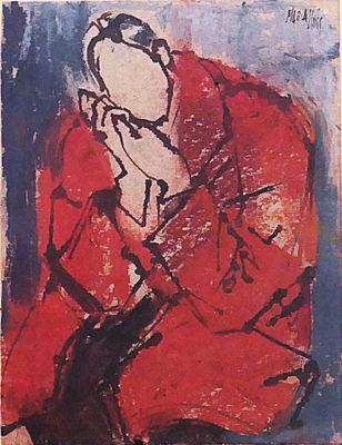 an image of a painting of a man in a red jacket